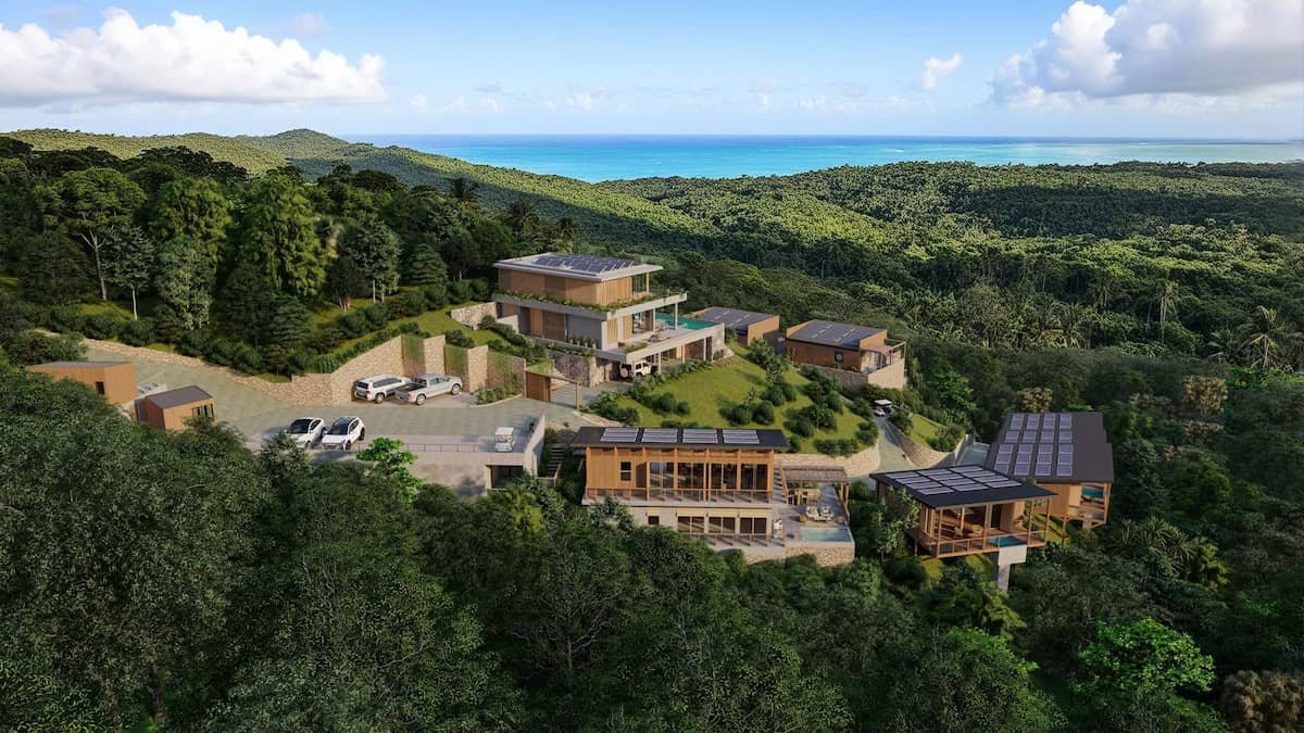 Vista al mar de los 9 bungalows y la Villa Talipot en Miches, junto a la playa y vegetación tropical