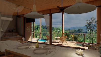 Diseño minimalista y elegante, sofisticación con vistas a la montaña verde, Miches