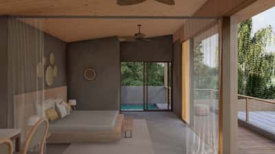 Dormitorio abierto al océano y piscina privada, equilibrio entre lujo, naturaleza y serenidad