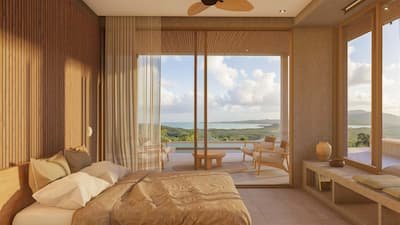 Habitación refinada, materiales naturales, atmósfera cálida, confort sostenible premium